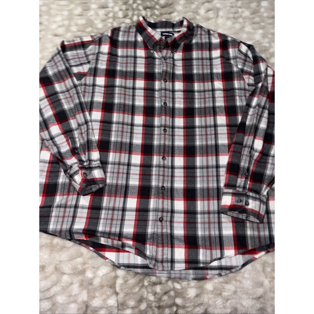 Lands' End Shirt Mens 3XL Gray Red White Plaid Long Sleeve Cotton Flannel
